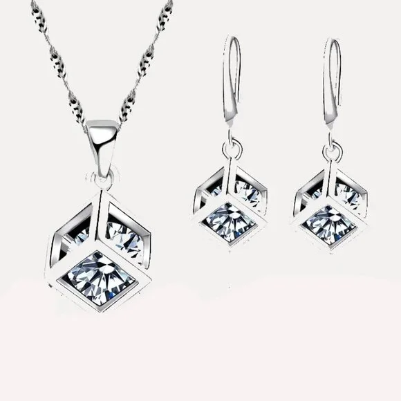 925 Sterling Silver Earrings With Necklace Set Bundle Square Gift Minimalist - Picture 3 of 8